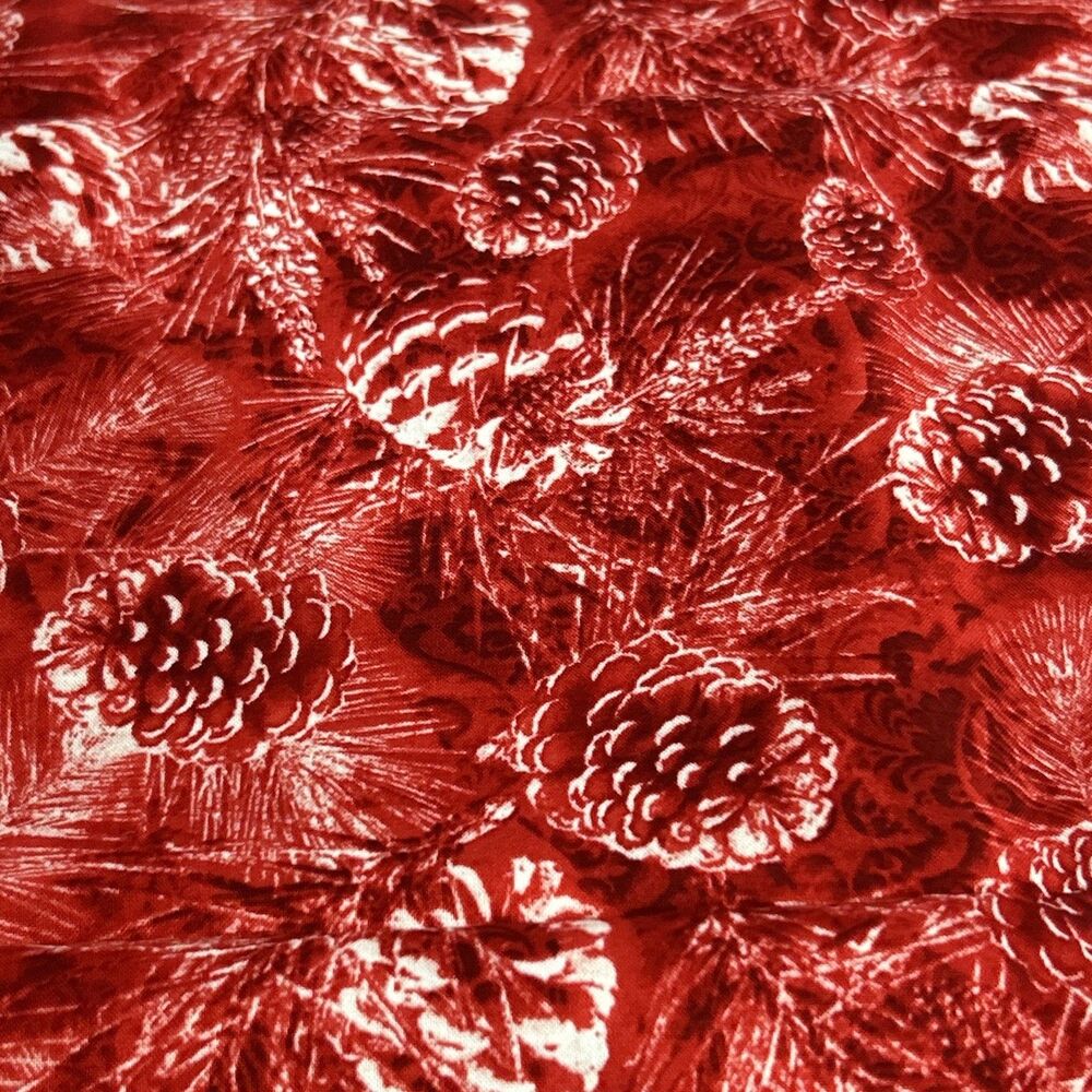 Cotton Quilting Fabric Christmas Holiday Pinecone Print Red & White 52" X 42"